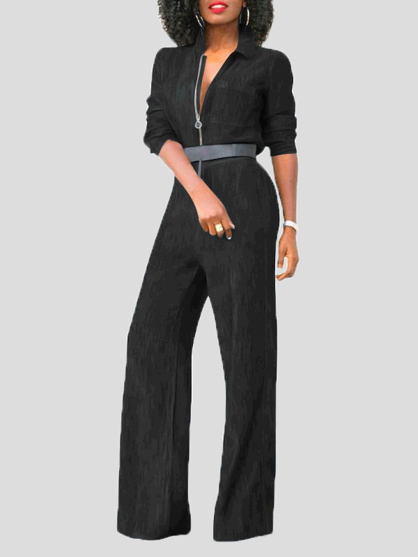 Women's Jumpsuits Lapel Zip Long Sleeve Denim Jumpsuit - LuckyFash™