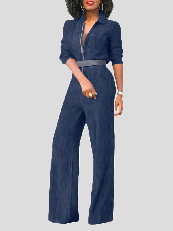 Women's Jumpsuits Lapel Zip Long Sleeve Denim Jumpsuit - LuckyFash™