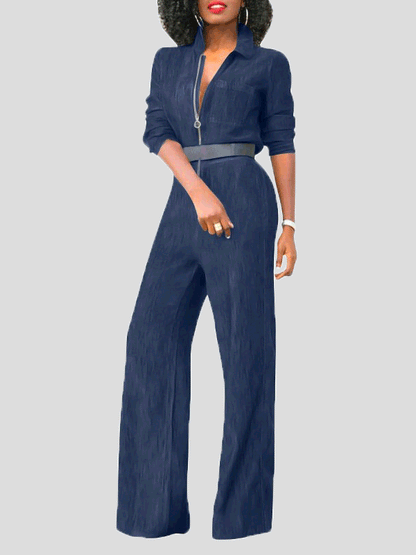 Women's Jumpsuits Lapel Zip Long Sleeve Denim Jumpsuit - LuckyFash™