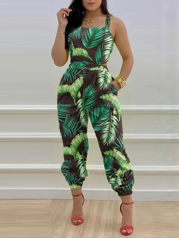 Women's Jumpsuits Leaf Print Sling Pocket Sleeveless Jumpsuit - LuckyFash™