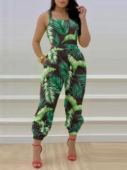 Women's Jumpsuits Leaf Print Sling Pocket Sleeveless Jumpsuit - LuckyFash™
