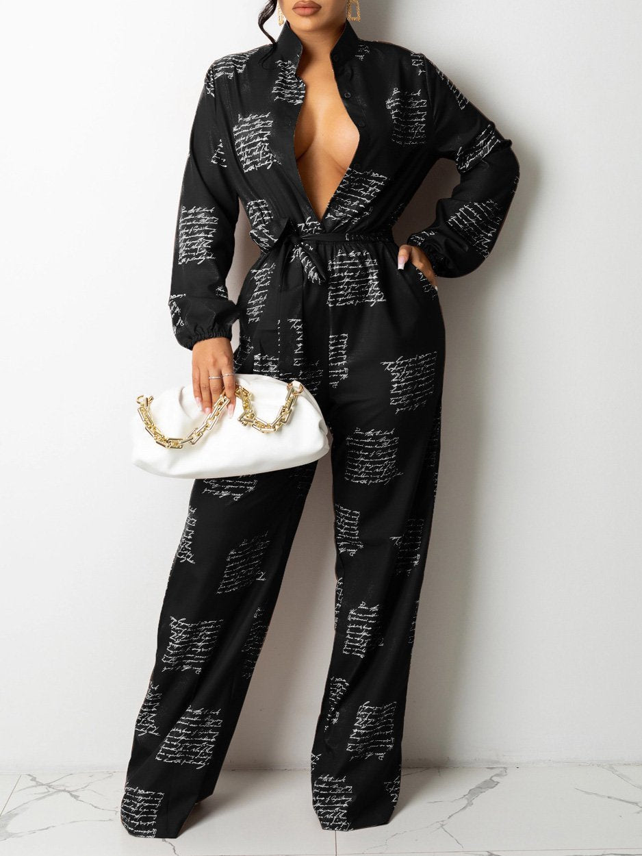 Women's Jumpsuits Letter Print Long Sleeve Shirt Jumpsuit With Belt - LuckyFash™