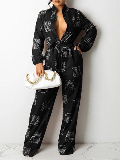Women's Jumpsuits Letter Print Long Sleeve Shirt Jumpsuit With Belt - LuckyFash™