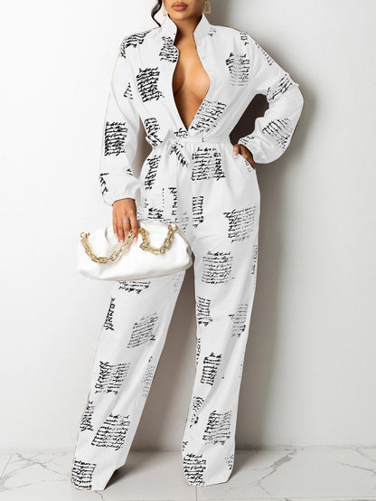 Women's Jumpsuits Letter Print Long Sleeve Shirt Jumpsuit With Belt - LuckyFash™