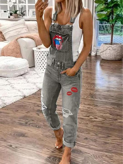 Women's Jumpsuits Lip Print Hole Pockets Washed Denim Jumpsuit - LuckyFash™