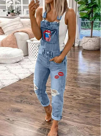 Women's Jumpsuits Lip Print Hole Pockets Washed Denim Jumpsuit - LuckyFash™