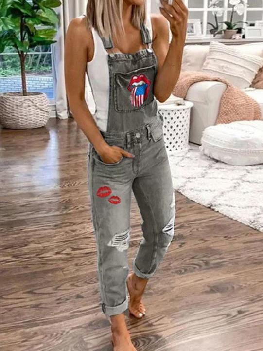 Women's Jumpsuits Lip Print Hole Pockets Washed Denim Jumpsuit - LuckyFash™