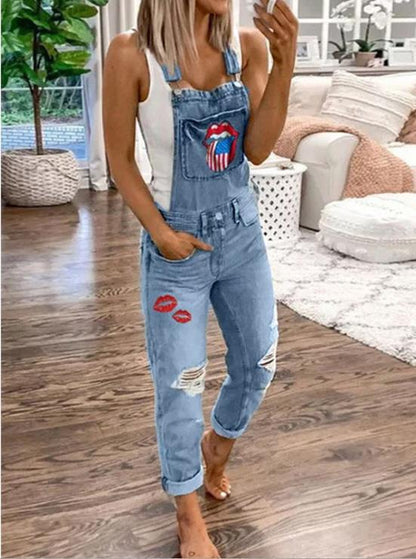 Women's Jumpsuits Lip Print Hole Pockets Washed Denim Jumpsuit - LuckyFash™