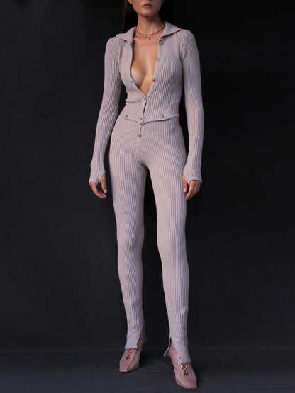 Women's Jumpsuits Long Sleeve Button Hollow Knit Jumpsuit - LuckyFash™
