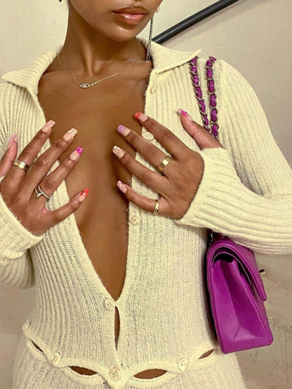 Women's Jumpsuits Long Sleeve Button Hollow Knit Jumpsuit - LuckyFash™