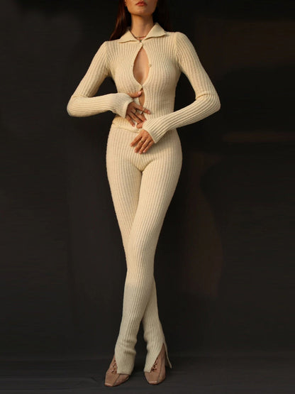 Women's Jumpsuits Long Sleeve Button Hollow Knit Jumpsuit - LuckyFash™