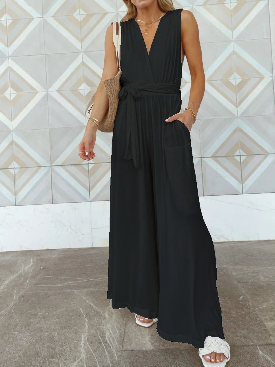 Women's Jumpsuits Loose Lace Up Open Back Pocket Jumpsuit - LuckyFash™