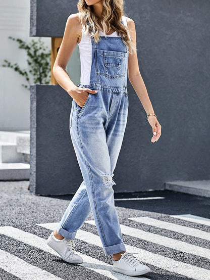 Women's Jumpsuits Loose Pocket Ripped Denim Jumpsuit - LuckyFash™