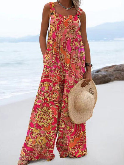 Women's Jumpsuits Loose Print Pocket Wide-Leg Jumpsuit - LuckyFash™