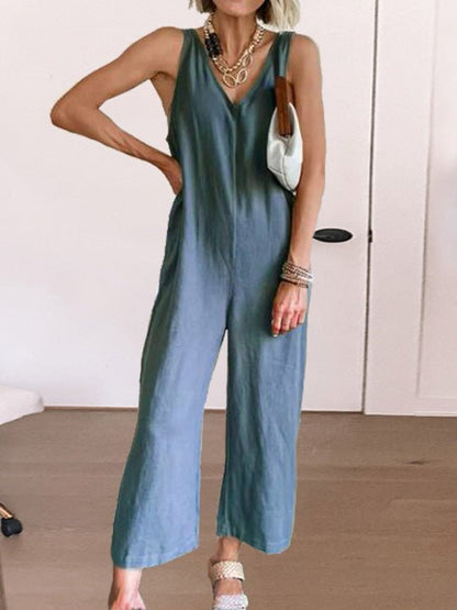 Women's Jumpsuits Loose Solid V-Neck Sleeveless Jumpsuit - LuckyFash™
