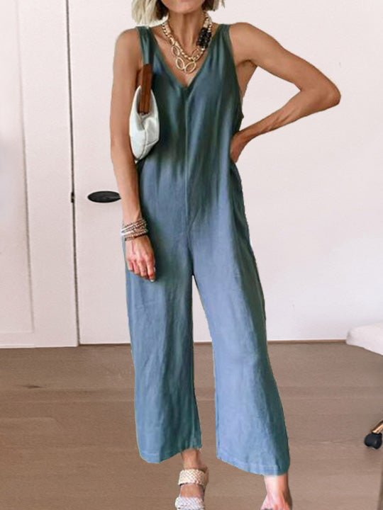 Women's Jumpsuits Loose Solid V-Neck Sleeveless Jumpsuit - LuckyFash™