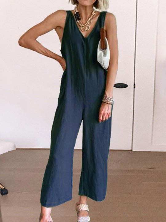 Women's Jumpsuits Loose Solid V-Neck Sleeveless Jumpsuit - LuckyFash™