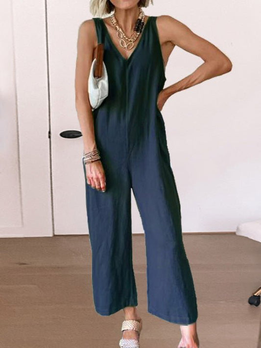 Women's Jumpsuits Loose Solid V-Neck Sleeveless Jumpsuit - LuckyFash™