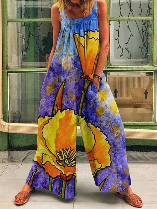 Women's Jumpsuits Loose Square Neck Print Wide Leg Jumpsuit - LuckyFash™