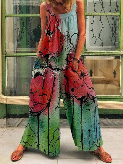 Women's Jumpsuits Loose Square Neck Print Wide Leg Jumpsuit - LuckyFash™