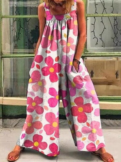 Women's Jumpsuits Loose Square Neck Print Wide Leg Jumpsuit - LuckyFash™