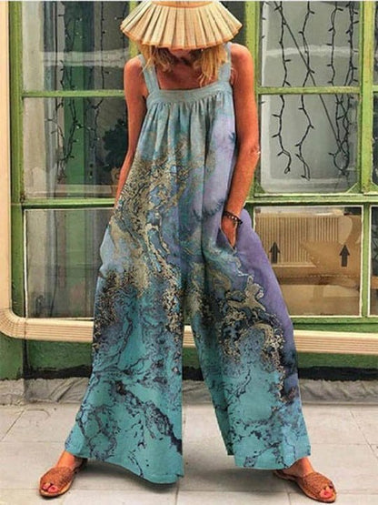 Women's Jumpsuits Loose Square Neck Print Wide Leg Jumpsuit - LuckyFash™