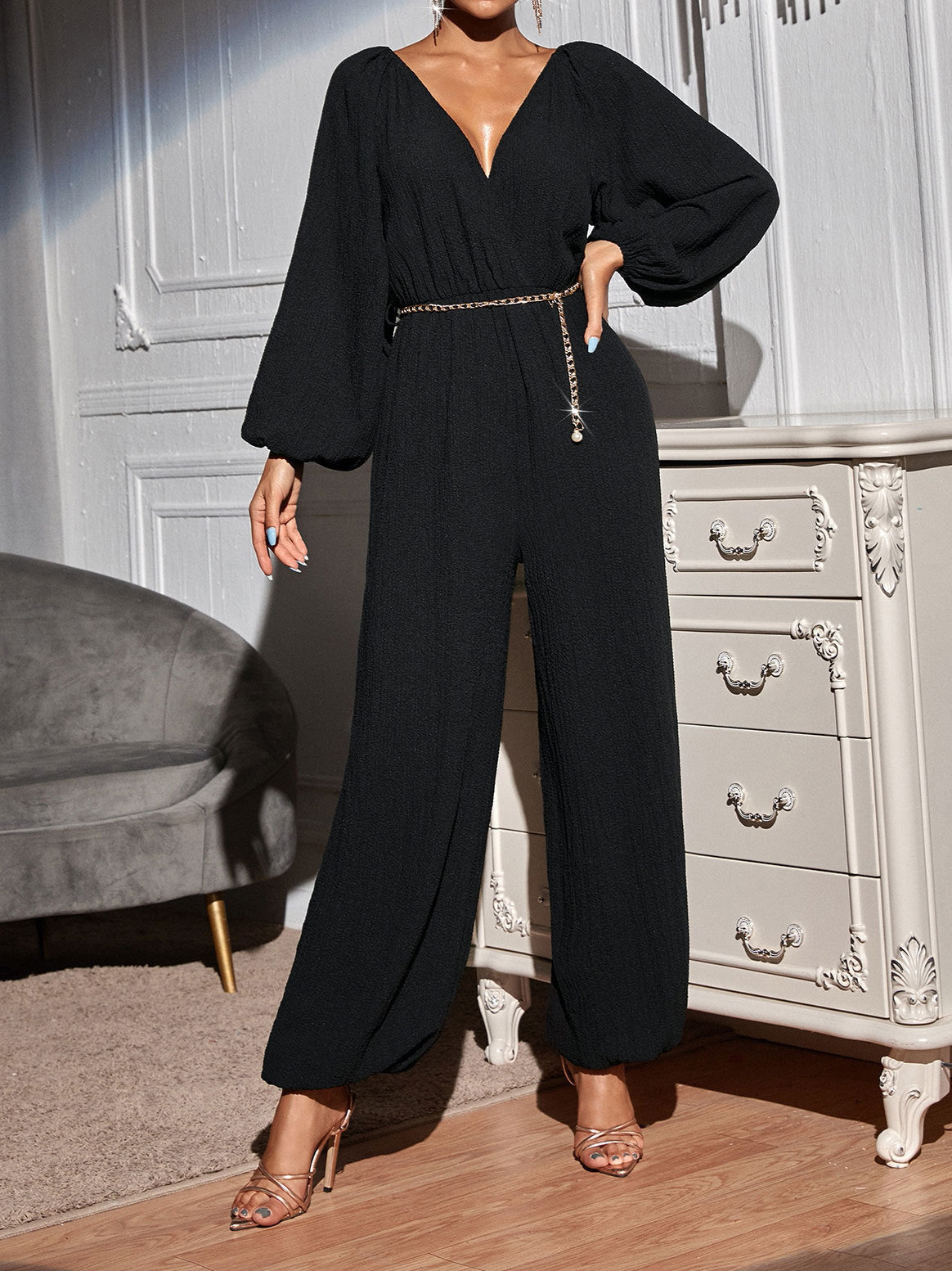 Women's Jumpsuits Loose V-Neck Bare Back Long Sleeve Jumpsuit - LuckyFash™