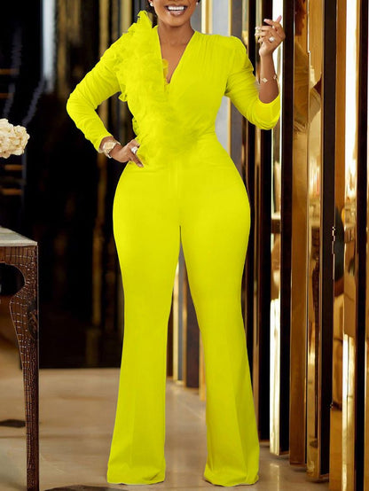 Women's Jumpsuits Mesh Panel V-Neck Long Sleeve Jumpsuit - LuckyFash™