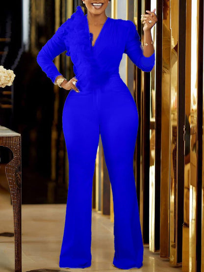 Women's Jumpsuits Mesh Panel V-Neck Long Sleeve Jumpsuit - LuckyFash™