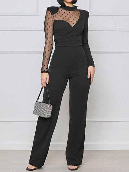 Women's Jumpsuits Mesh Polka Dot Panel Long Sleeve Jumpsuit - LuckyFash™