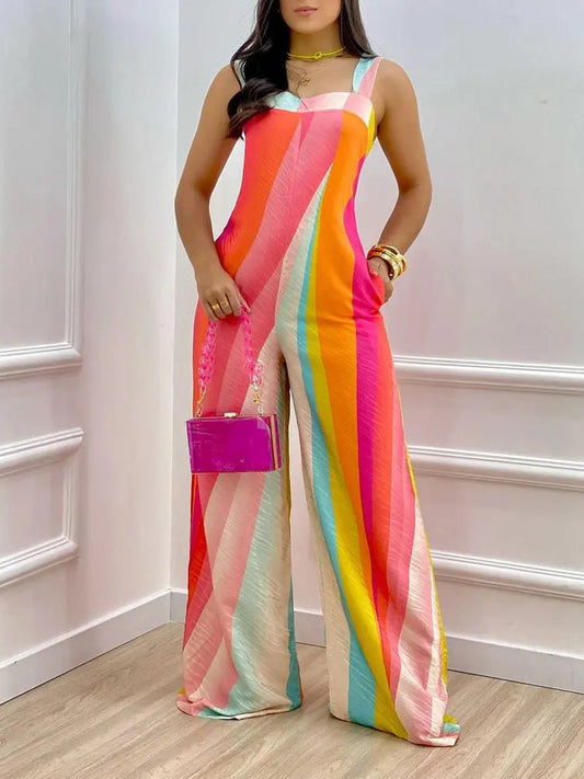 Women's Jumpsuits Multicolor Print Pocket Wide-Leg Jumpsuit - LuckyFash™