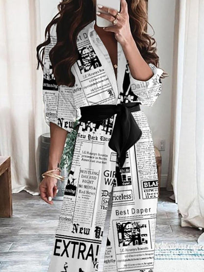 Women's Jumpsuits Newspaper Print Long Sleeve Belt Temperament Jumpsuit - LuckyFash™