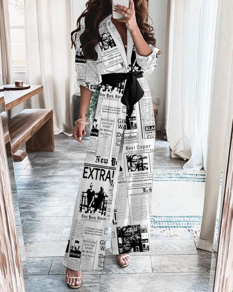 Women's Jumpsuits Newspaper Print Long Sleeve Belt Temperament Jumpsuit - LuckyFash™