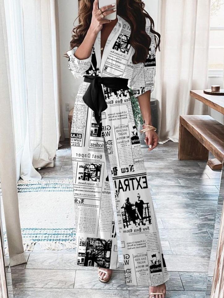 Women's Jumpsuits Newspaper Print Long Sleeve Belt Temperament Jumpsuit - LuckyFash™