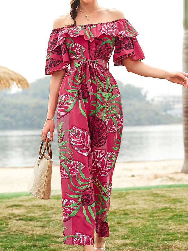 Women's Jumpsuits One-Shoulder Floral Belted Ruffle Jumpsuit - LuckyFash™
