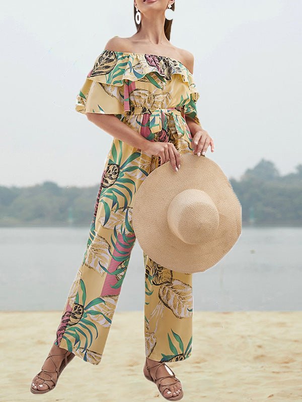 Women's Jumpsuits One-Shoulder Floral Belted Ruffle Jumpsuit - LuckyFash™