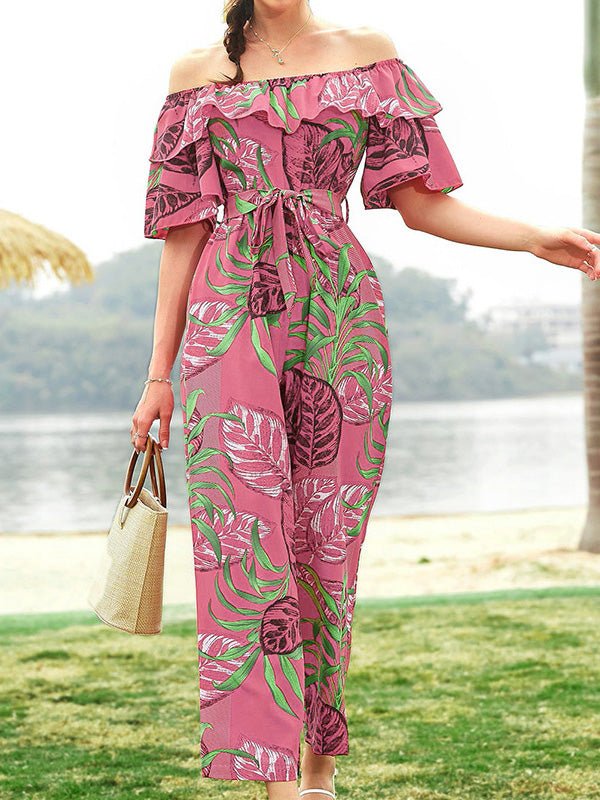 Women's Jumpsuits One-Shoulder Floral Belted Ruffle Jumpsuit - LuckyFash™