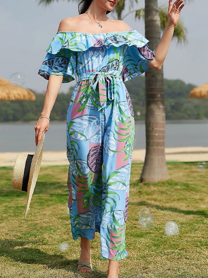 Women's Jumpsuits One-Shoulder Floral Belted Ruffle Jumpsuit - LuckyFash™