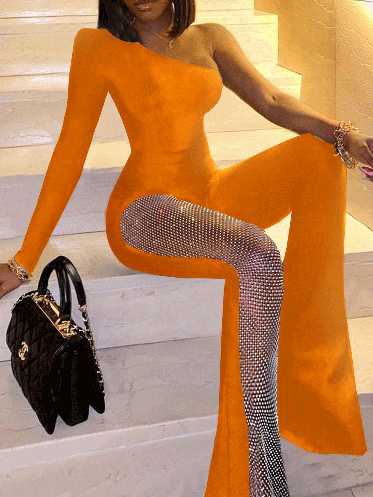 Women's Jumpsuits One-Shoulder Long Sleeve Sequin Stitching Jumpsuit - LuckyFash™
