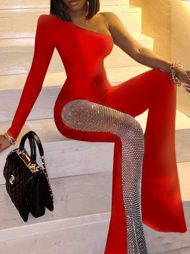 Women's Jumpsuits One-Shoulder Long Sleeve Sequin Stitching Jumpsuit - LuckyFash™