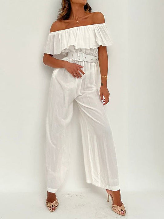 Women's Jumpsuits One-Shoulder Ruffle Belt Wide-Leg Jumpsuit - LuckyFash™