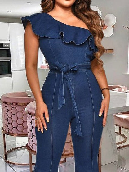 Women's Jumpsuits One Shoulder Ruffle Ties Denim Jumpsuit - LuckyFash™