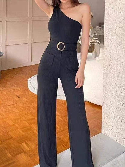 Women's Jumpsuits One Shoulder Strap Belt Wide Leg Pants Jumpsuit - LuckyFash™