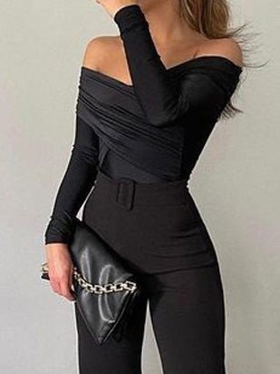 Women's Jumpsuits One Word Collar Long Sleeve Slit Jumpsuit - LuckyFash™