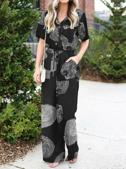Women's Jumpsuits Printed Button Short Sleeve Shirt Jumpsuit - LuckyFash™