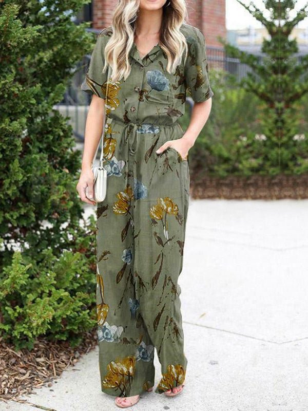 Women's Jumpsuits Printed Button Short Sleeve Shirt Jumpsuit - LuckyFash™