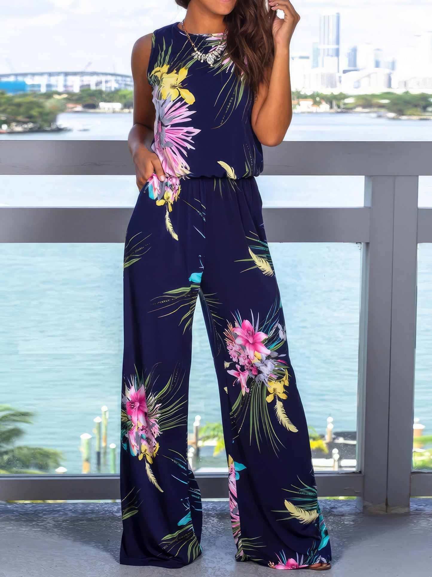 Women's Jumpsuits Printed Crew Neck Pocket Casual Jumpsuit - LuckyFash™