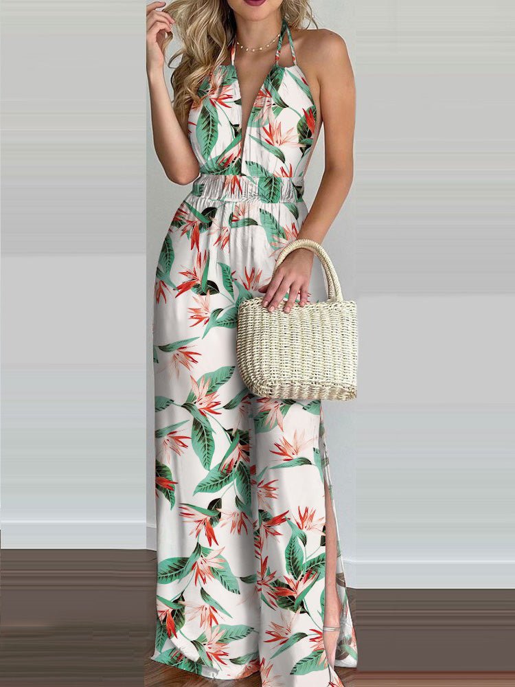 Women's Jumpsuits Printed Halterneck Open Back Slit Jumpsuit - LuckyFash™