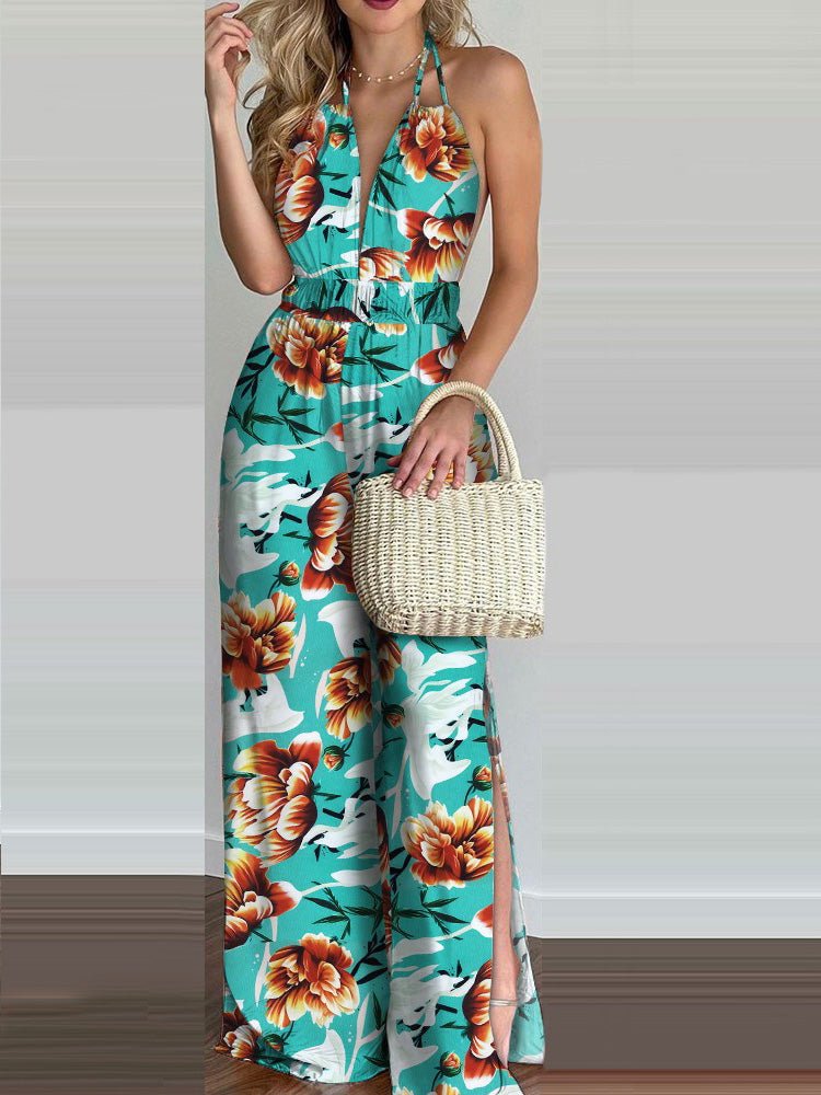 Women's Jumpsuits Printed Halterneck Open Back Slit Jumpsuit - LuckyFash™