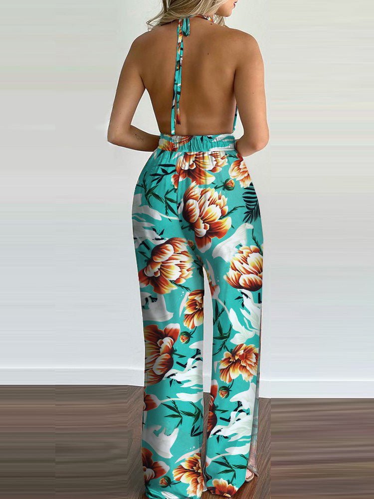 Women's Jumpsuits Printed Halterneck Open Back Slit Jumpsuit - LuckyFash™